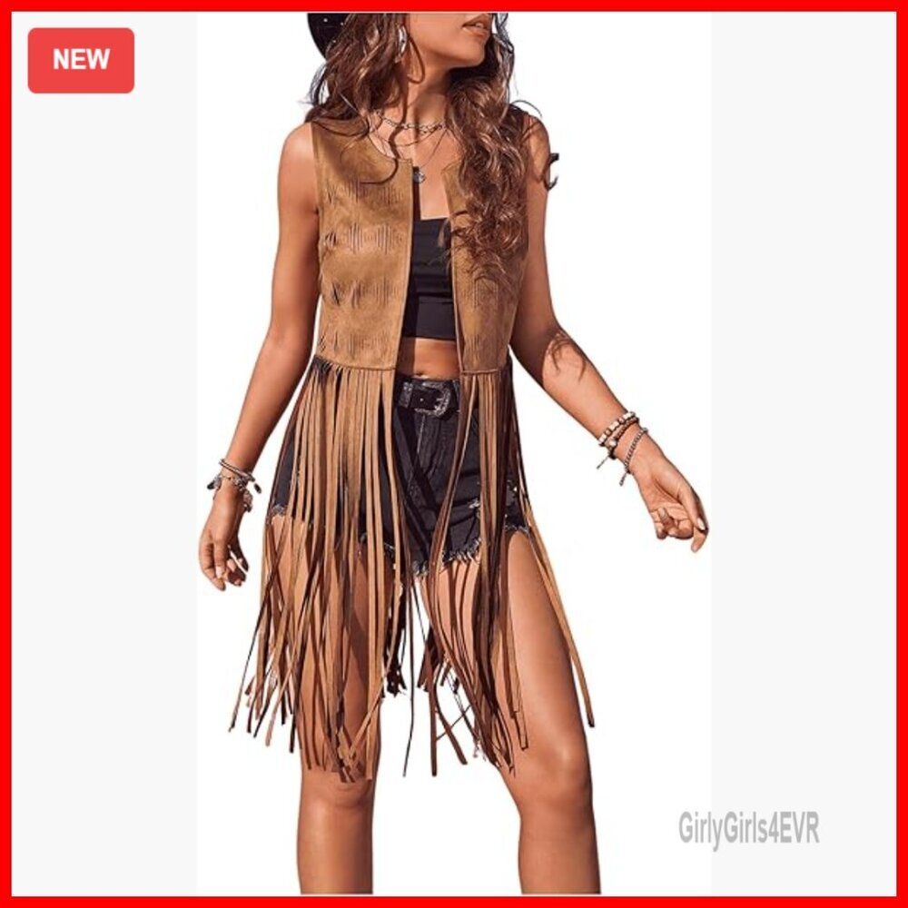 Faux Suede Fringe Vest Sleeveless Western Chic Crop Tassel Jacket - Picture 1 of 7